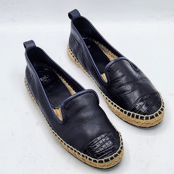 Fendi Leather Black Croc Embossed Cap Toe Junia Espadrilles Flats Size 37 - Picture 12 of 15